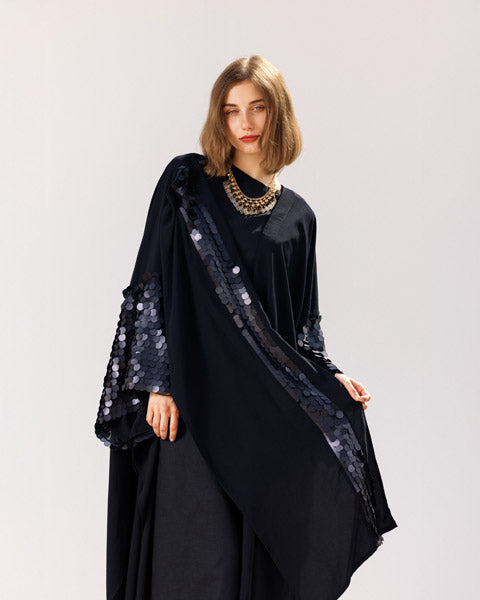 Sequin Sparkle Crepe Caftan BLACK