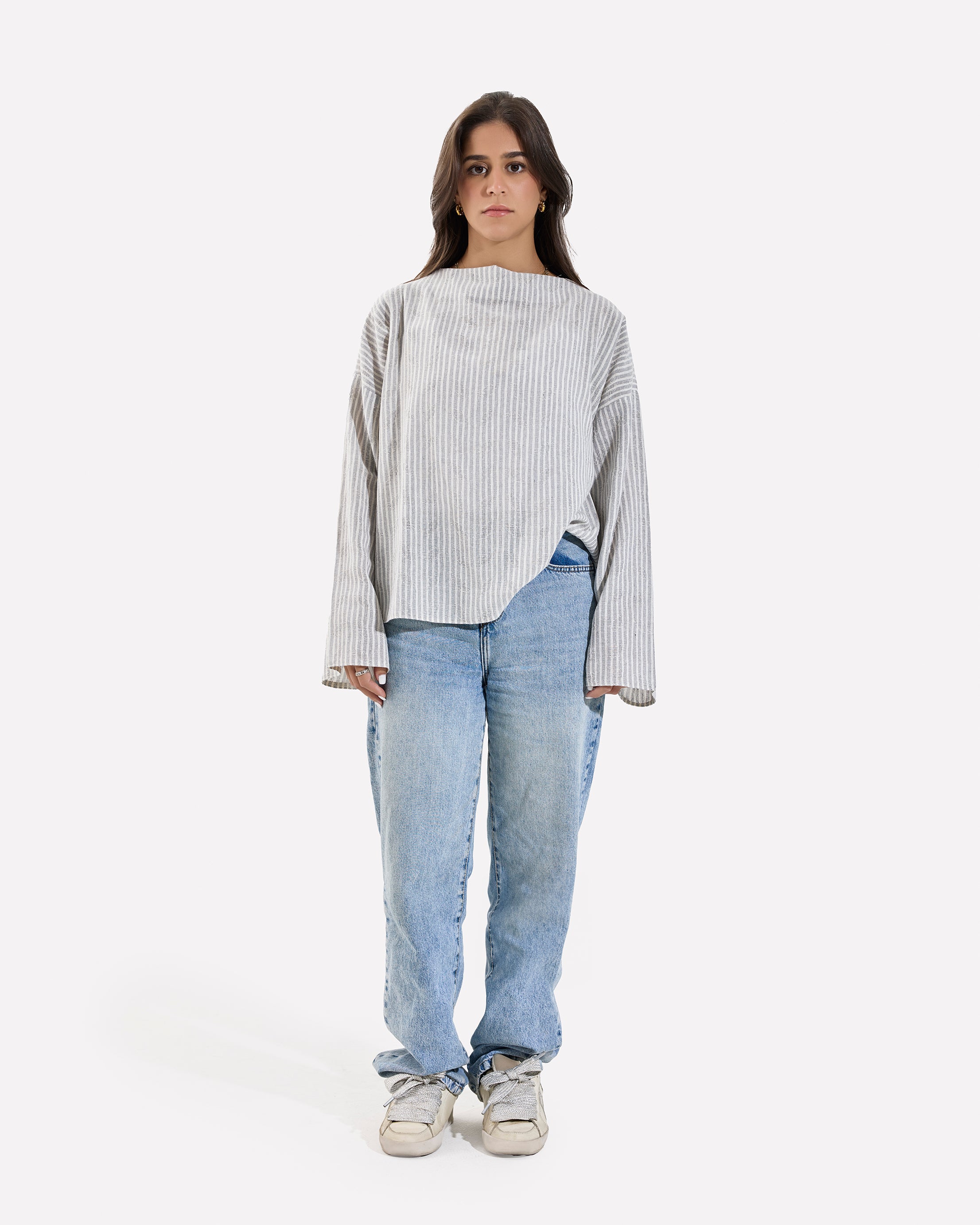 Linen Loose Fitting Stripped Top GRAY
