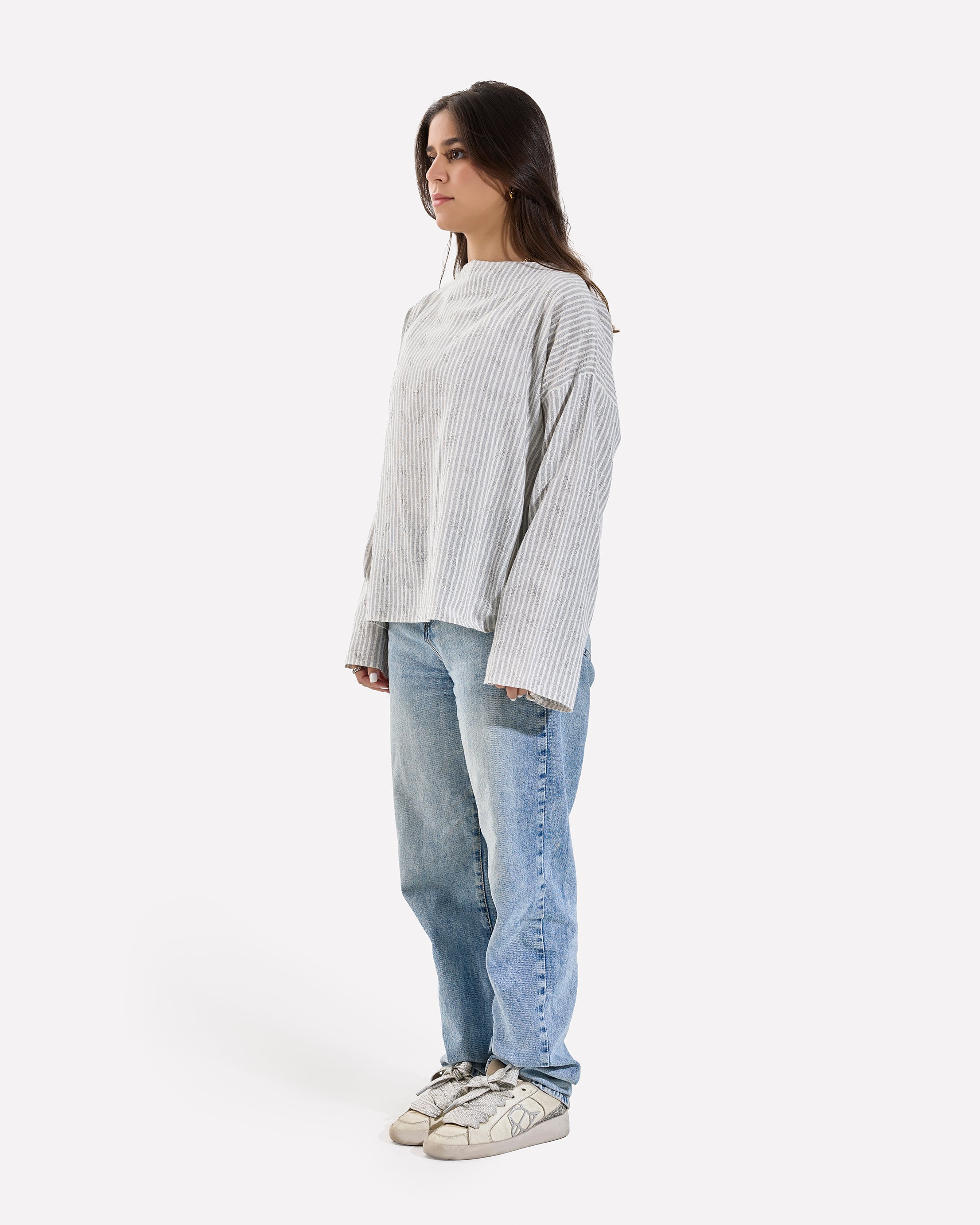 Linen Loose Fitting Stripped Top GRAY