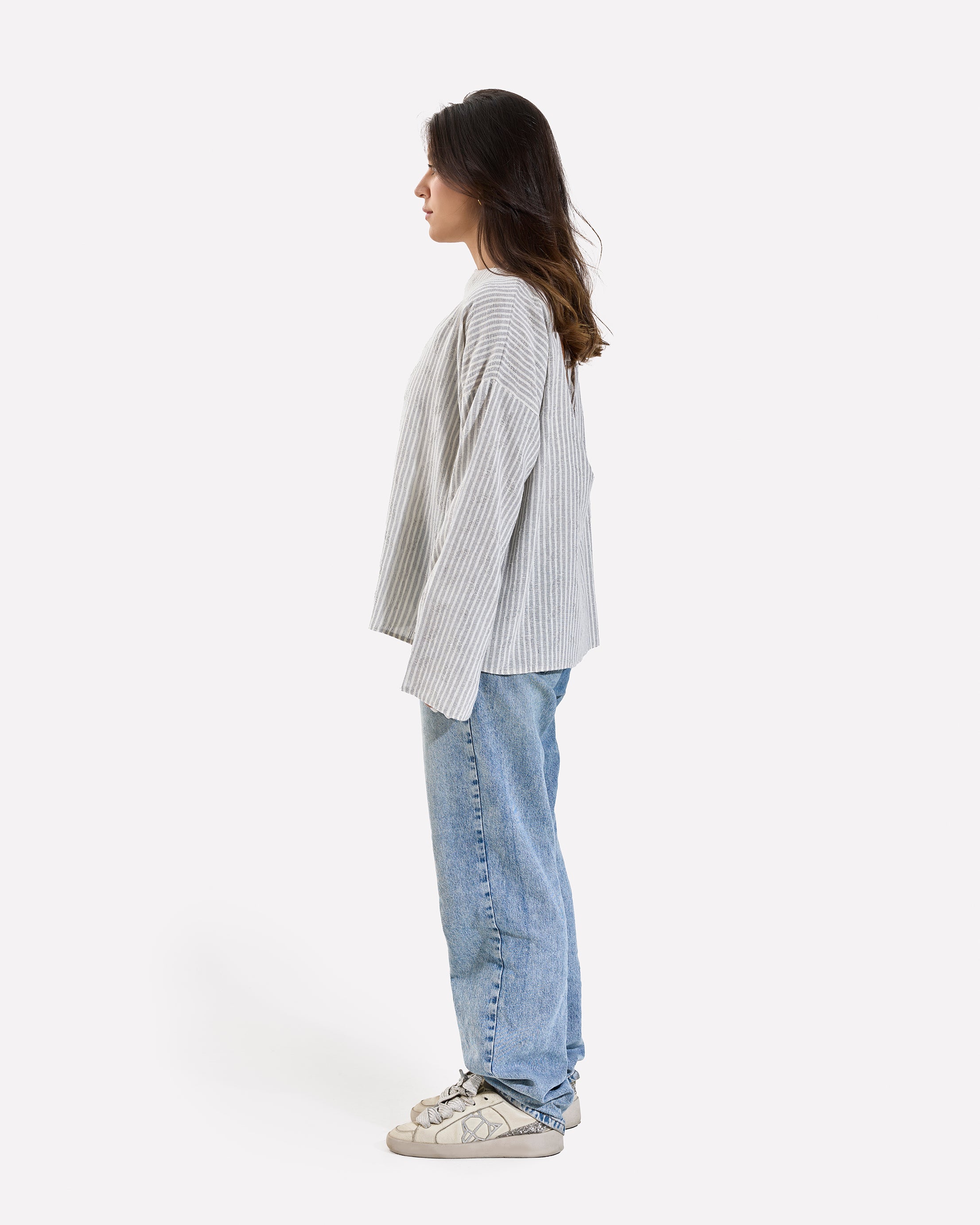Linen Loose Fitting Stripped Top GRAY