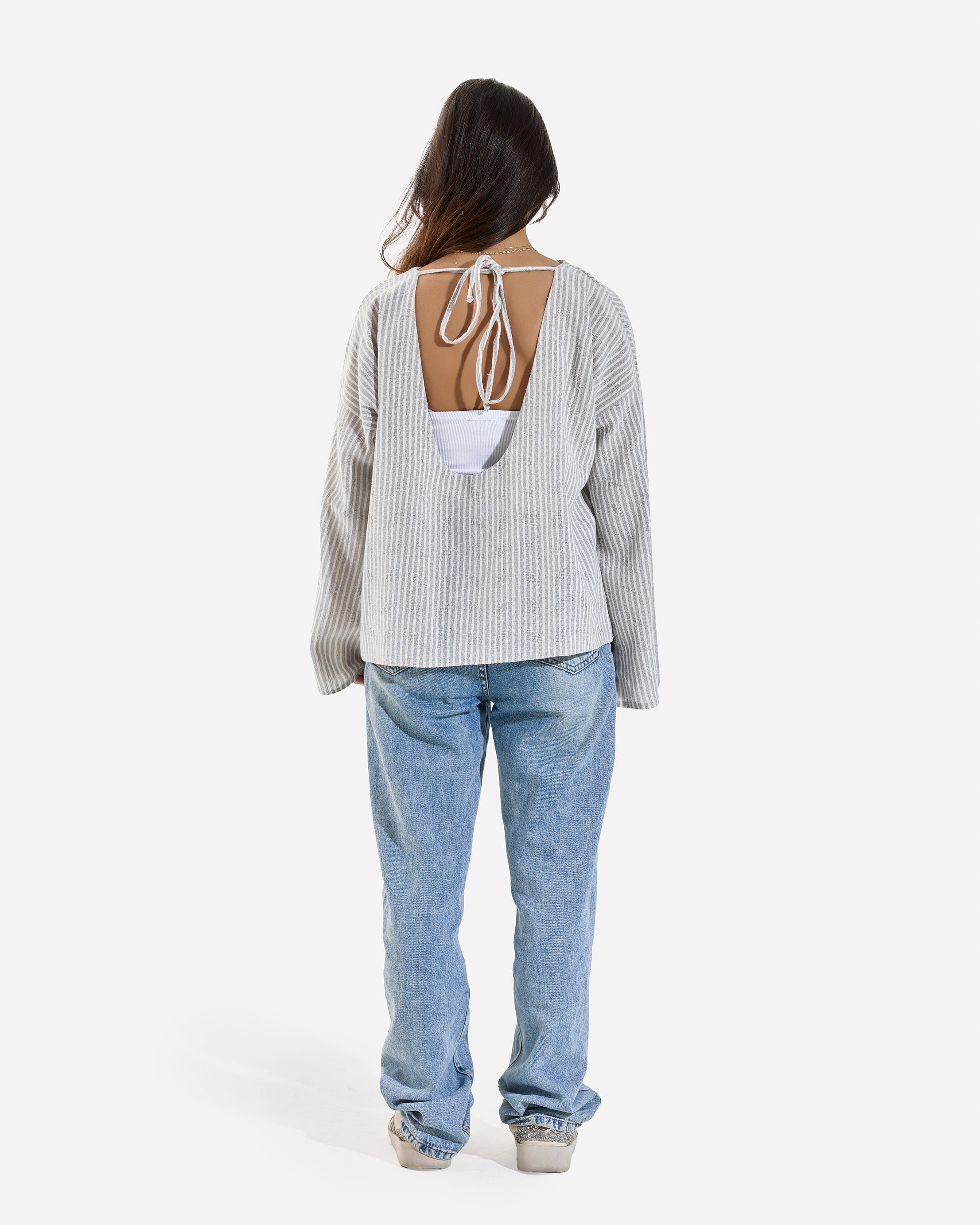 Linen Loose Fitting Stripped Top GRAY