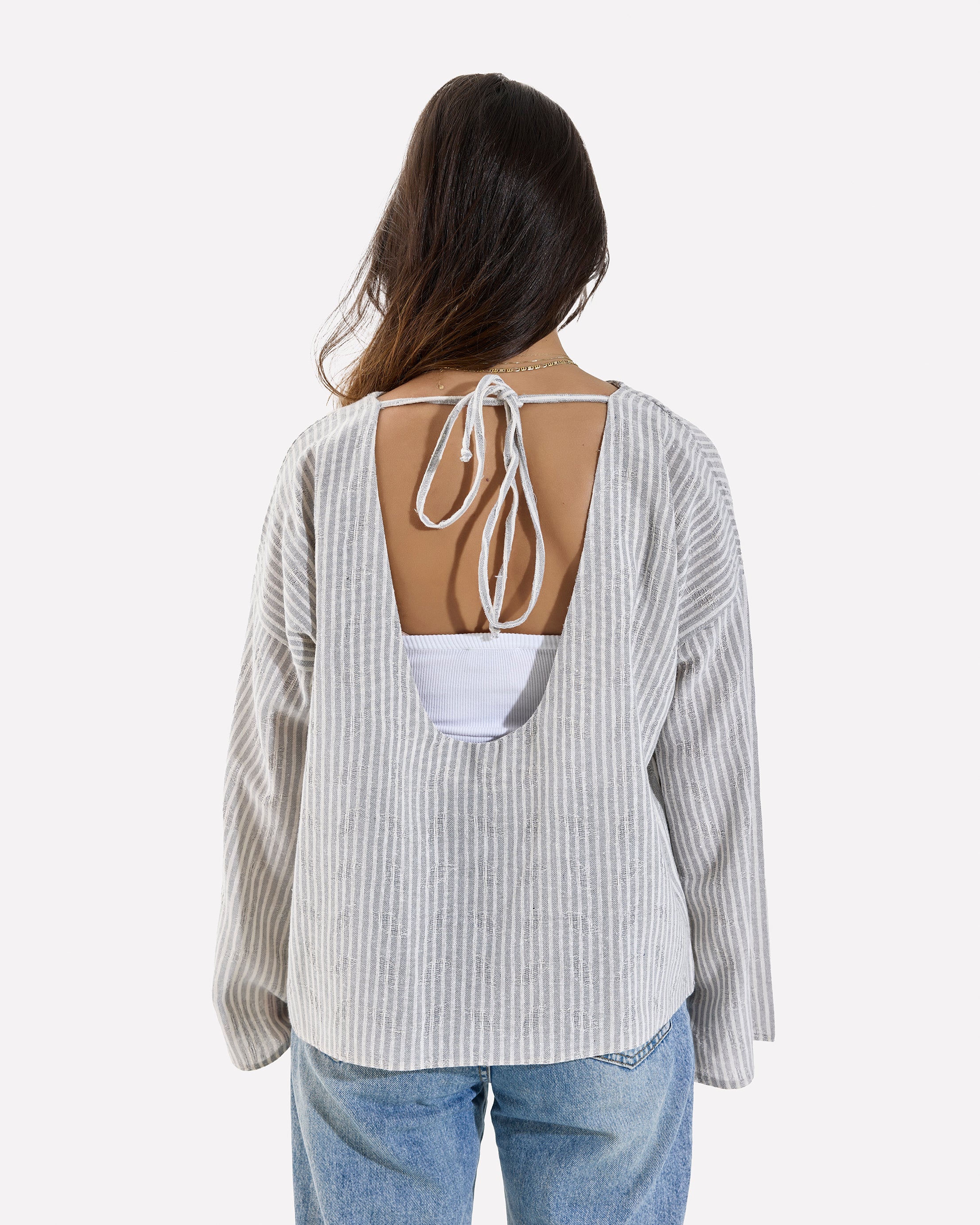 Linen Loose Fitting Stripped Top GRAY