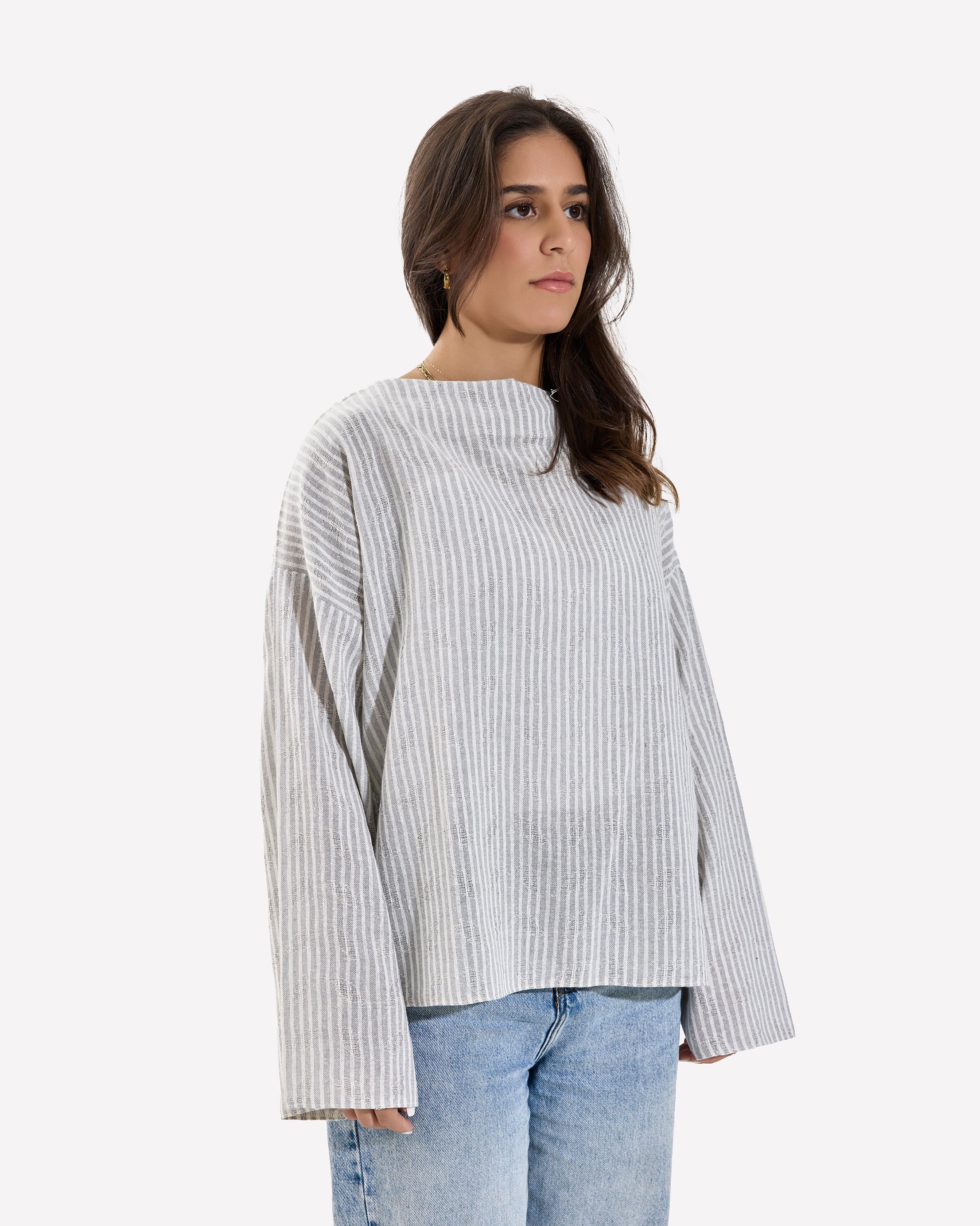 Linen Loose Fitting Stripped Top GRAY
