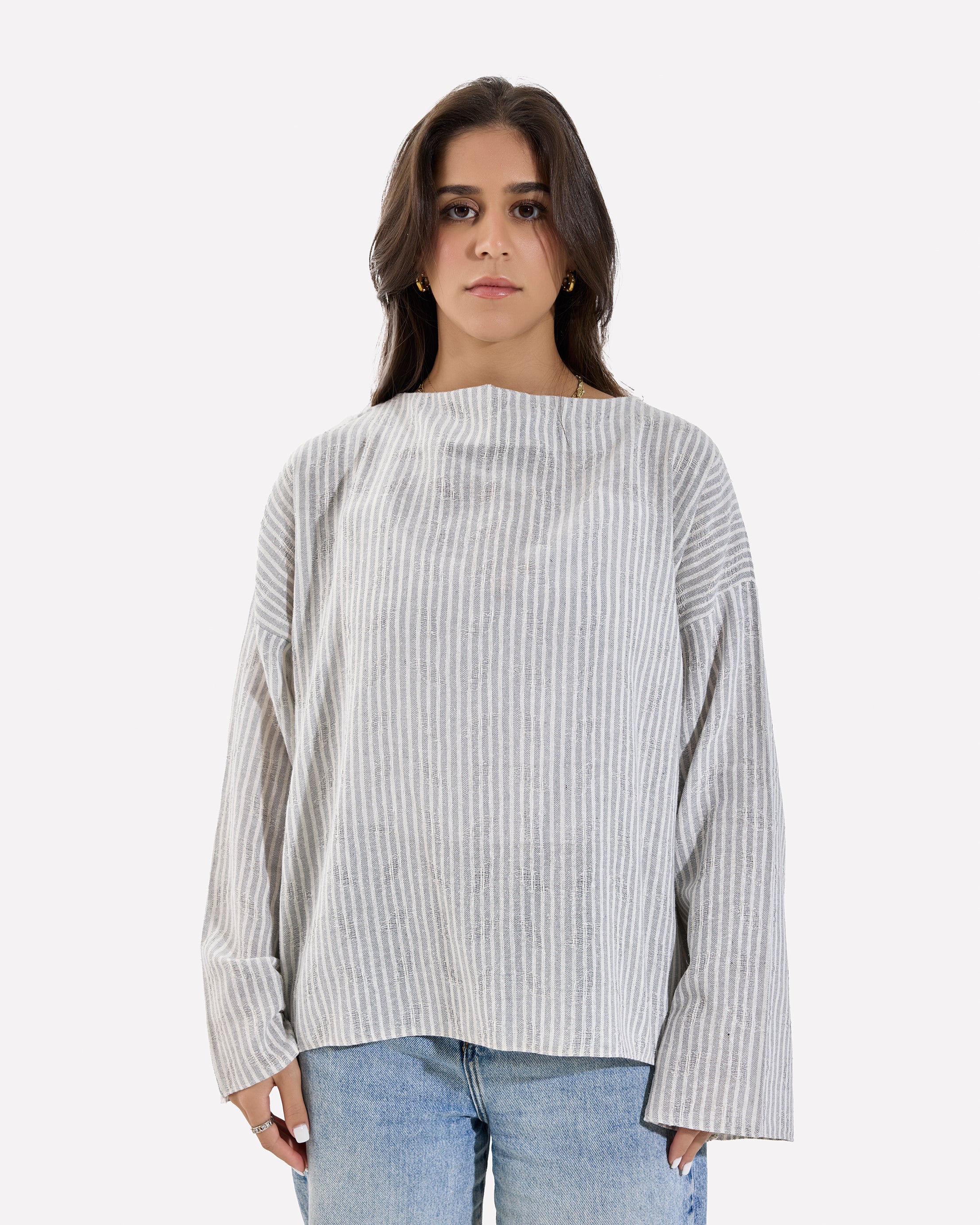 Linen Loose Fitting Stripped Top GRAY