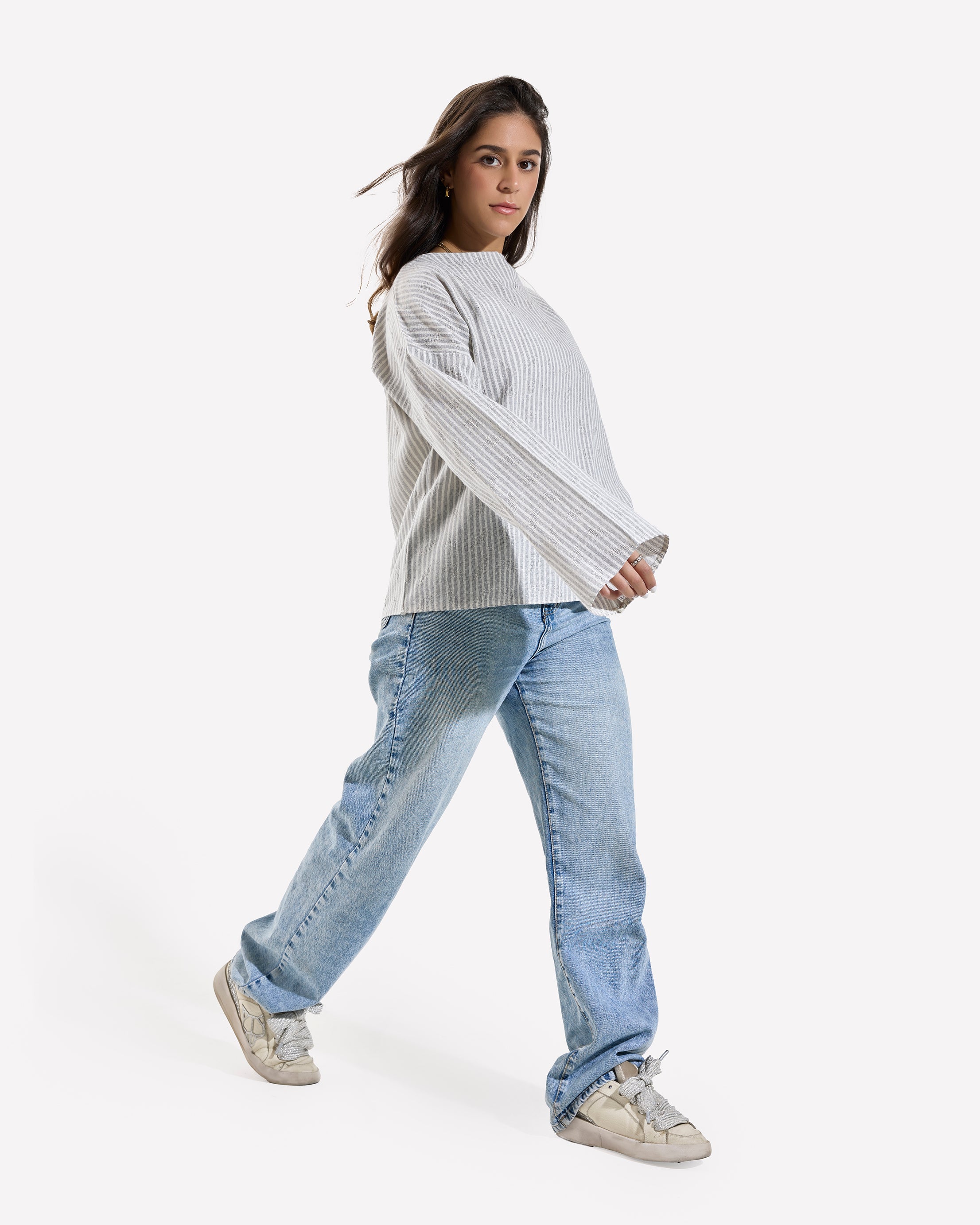 Linen Loose Fitting Stripped Top GRAY