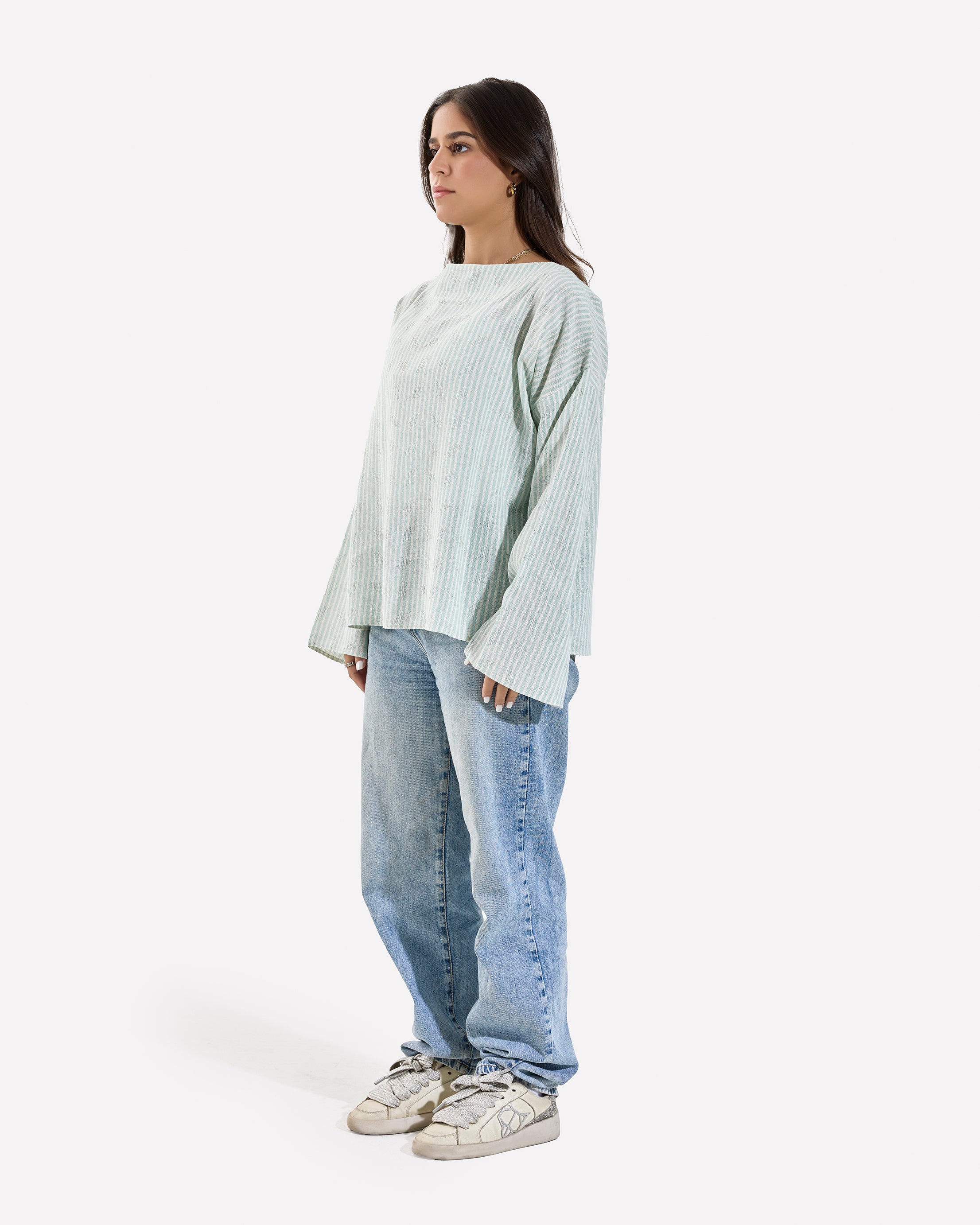 Linen Loose Fitting Stripped Top MINTGREEN