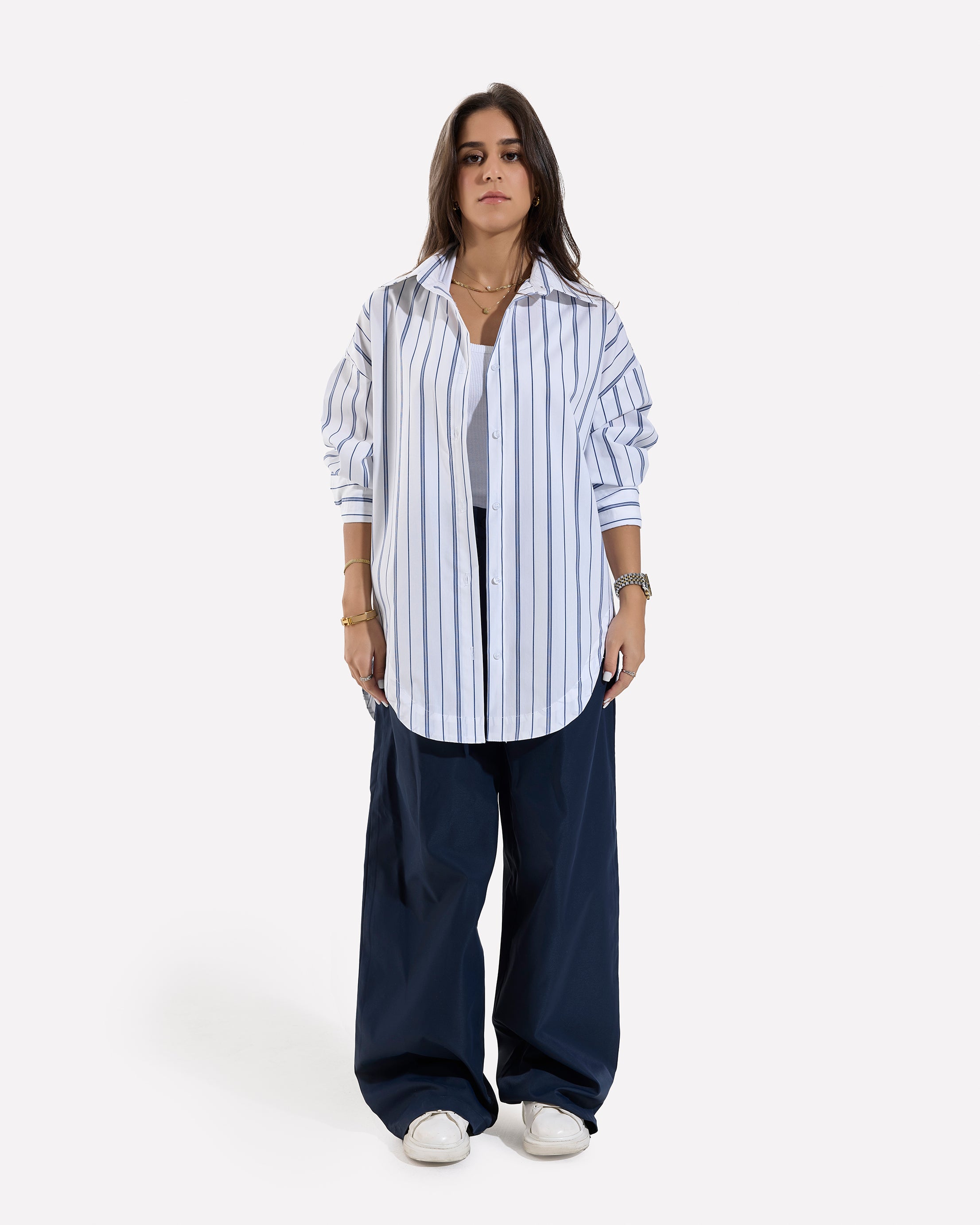 Stripped Oversized Oxford Shirt WHITE-DARKBLUE