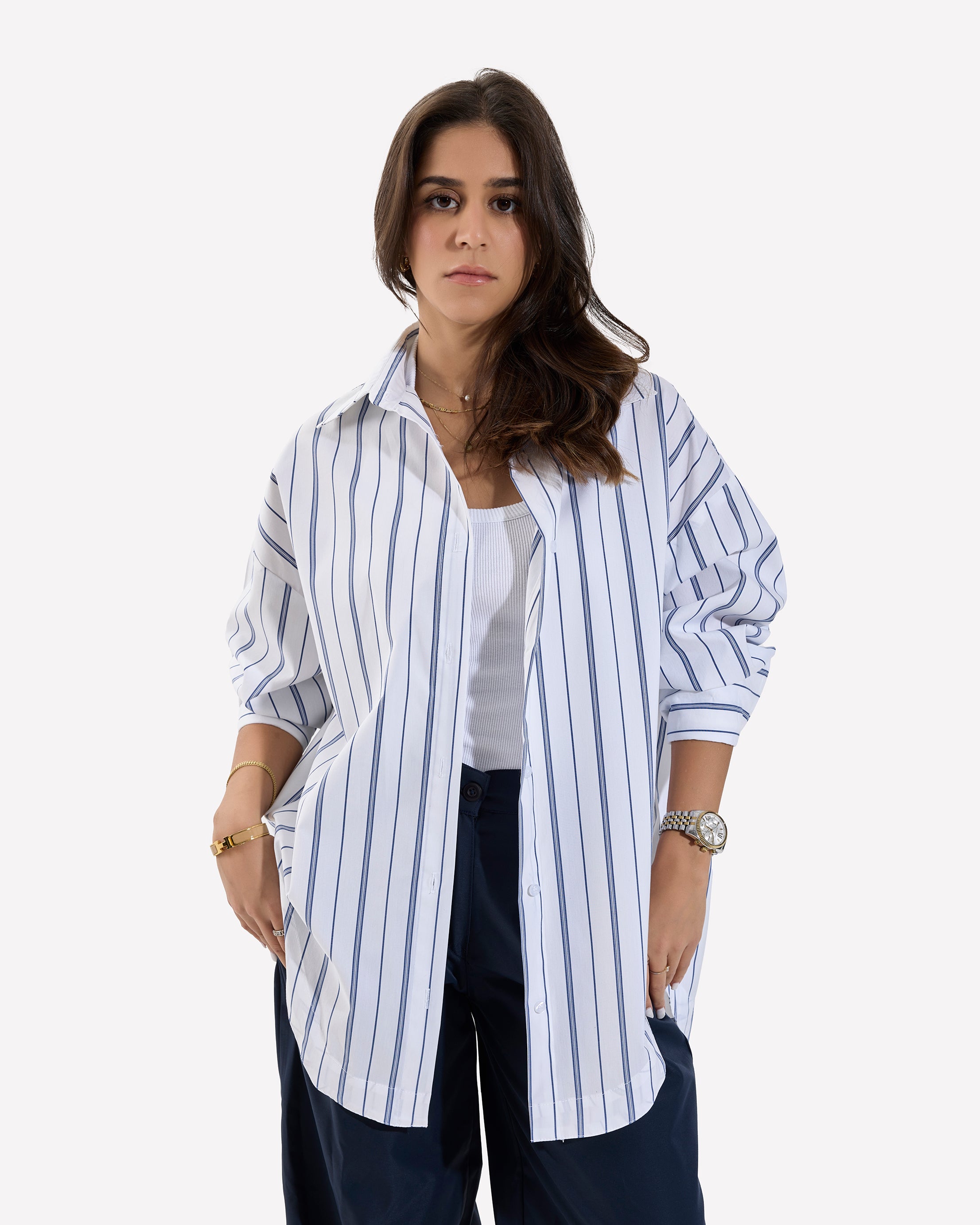 Stripped Oversized Oxford Shirt WHITE-DARKBLUE