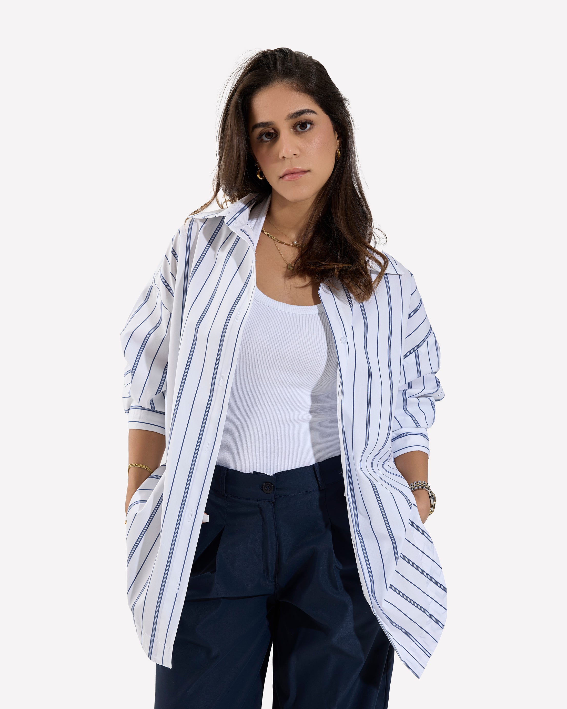 Stripped Oversized Oxford Shirt WHITE-DARKBLUE
