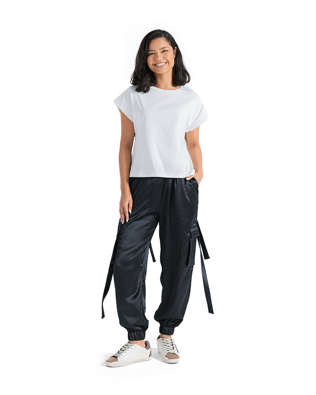 satin cargo pants- BLACK