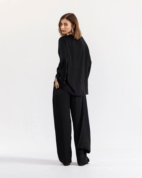 Opulent Satin Wide-Leg Pants BLACK