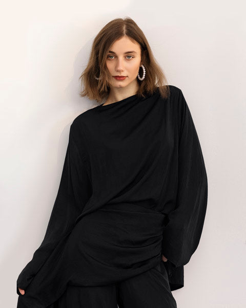 Opulent Satin Wide-Leg Pants BLACK