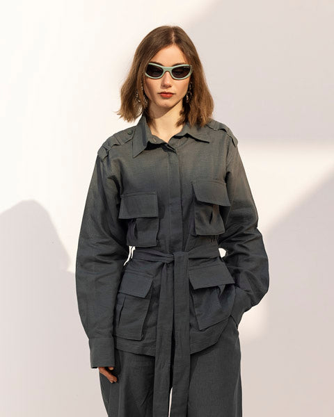 Belted Linen Top DARK OLIVE