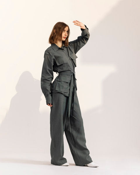 Belted Linen Top DARK OLIVE