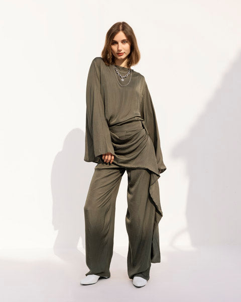 Opulent Satin Wide-Leg Pants OLIVE
