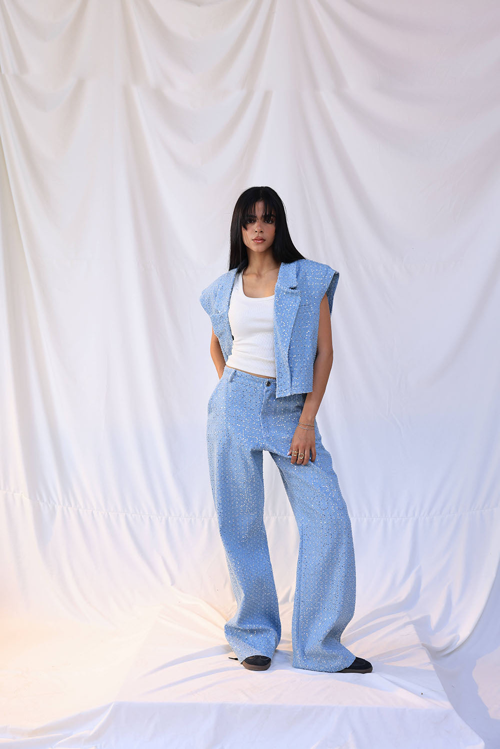 Cropped denim blazer