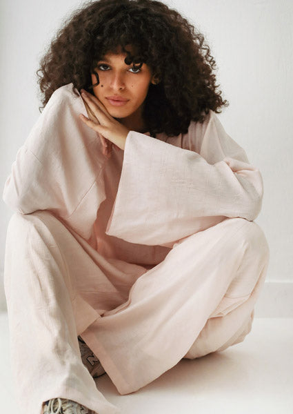 Linen Crinkle-Straight Pants PINK