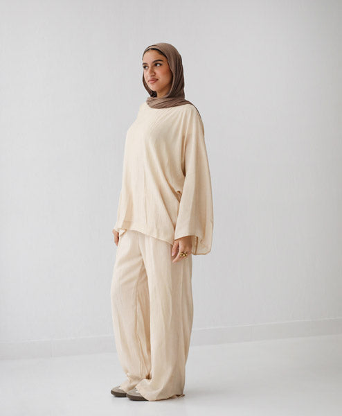 Linen Crinkle Texture Basic Tee BEIGE