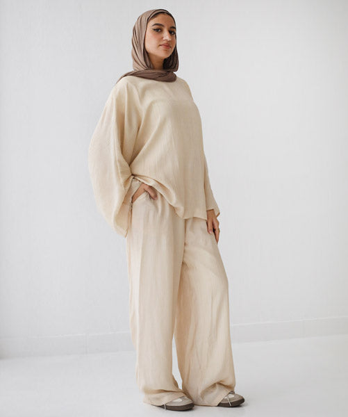 Linen Crinkle Texture Basic Tee BEIGE