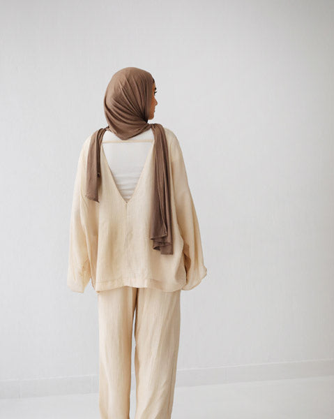 Linen Crinkle Texture Basic Tee BEIGE