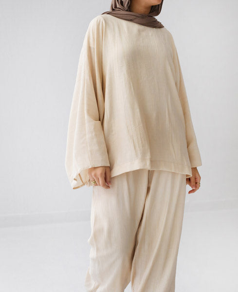 Linen Crinkle Texture Basic Tee BEIGE