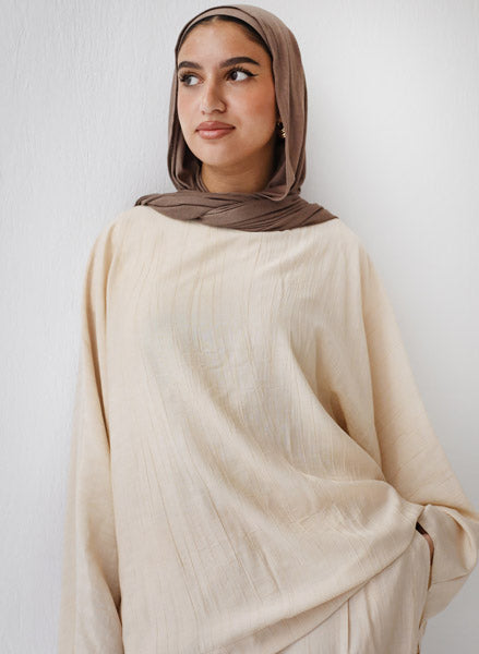 Linen Crinkle Texture Basic Tee BEIGE