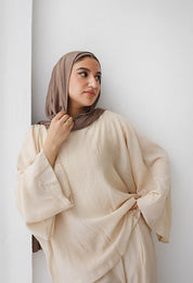 Linen Crinkle Texture Basic Tee BEIGE
