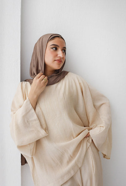Linen Crinkle Texture Basic Tee BEIGE