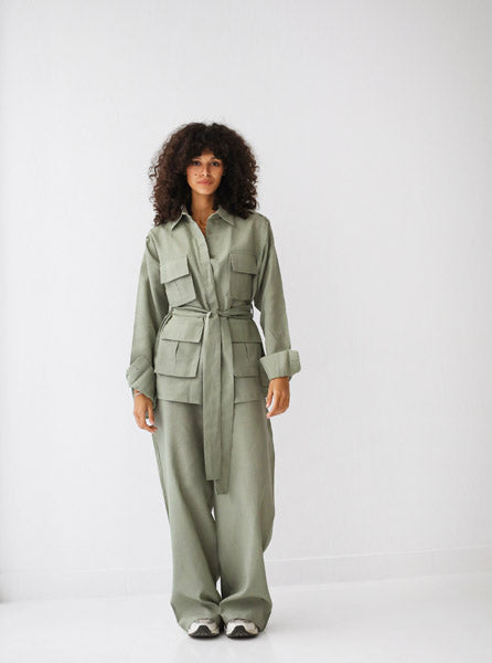 Belted Linen Top  Light OLIVE