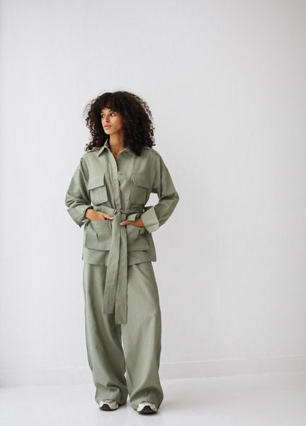 Belted Linen Top  Light OLIVE