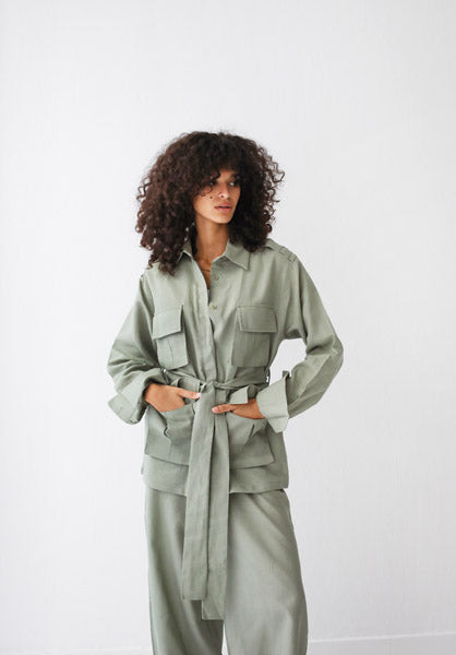 Belted Linen Top  Light OLIVE