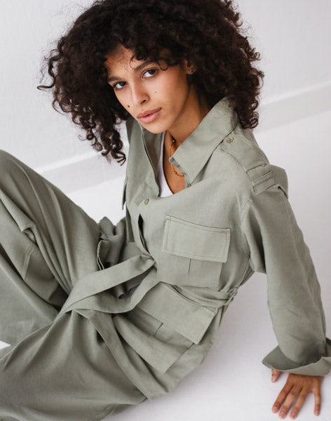 Belted Linen Top  Light OLIVE