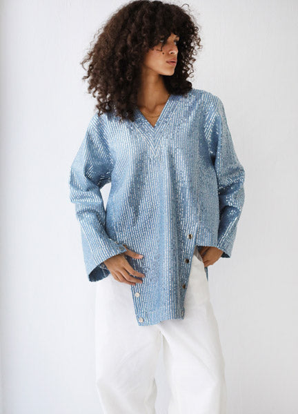 V Nick Denim Top BLUE