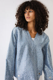V Nick Denim Top BLUE