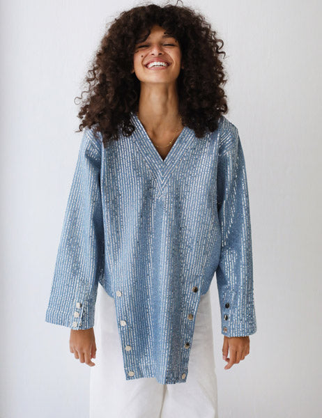 V Nick Denim Top BLUE