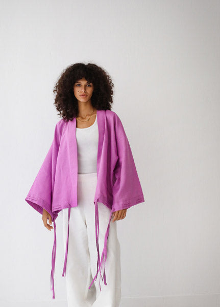 Linen-blend cardigan with bow PURPLE