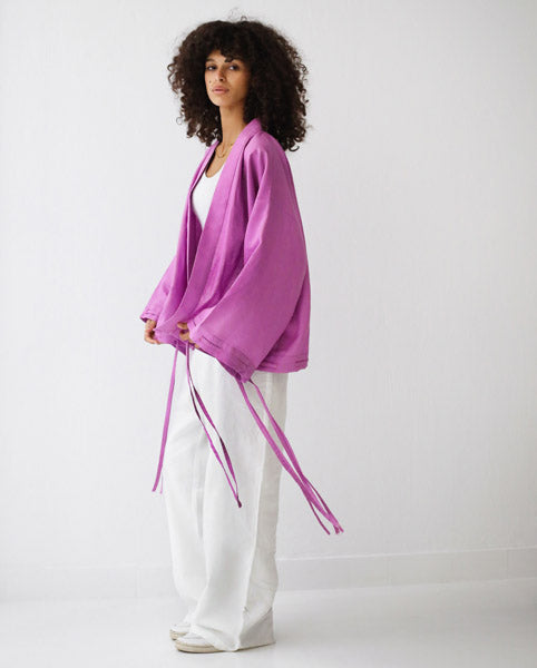 Linen-blend cardigan with bow PURPLE