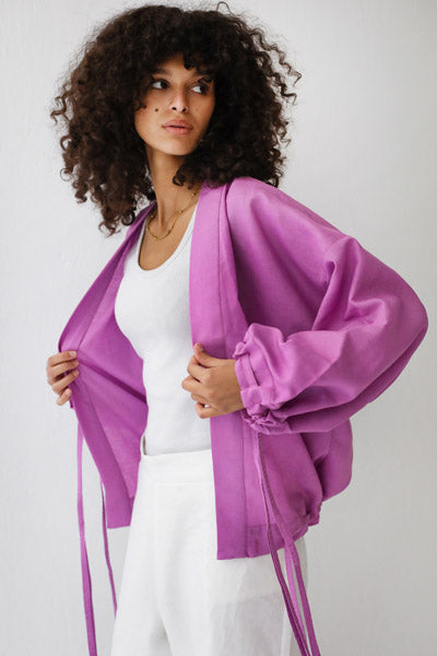 Linen-blend cardigan with bow PURPLE