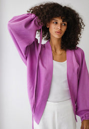 Linen-blend cardigan with bow PURPLE