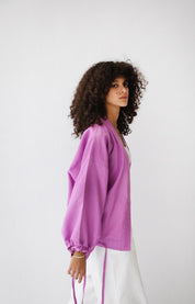 Linen-blend cardigan with bow PURPLE