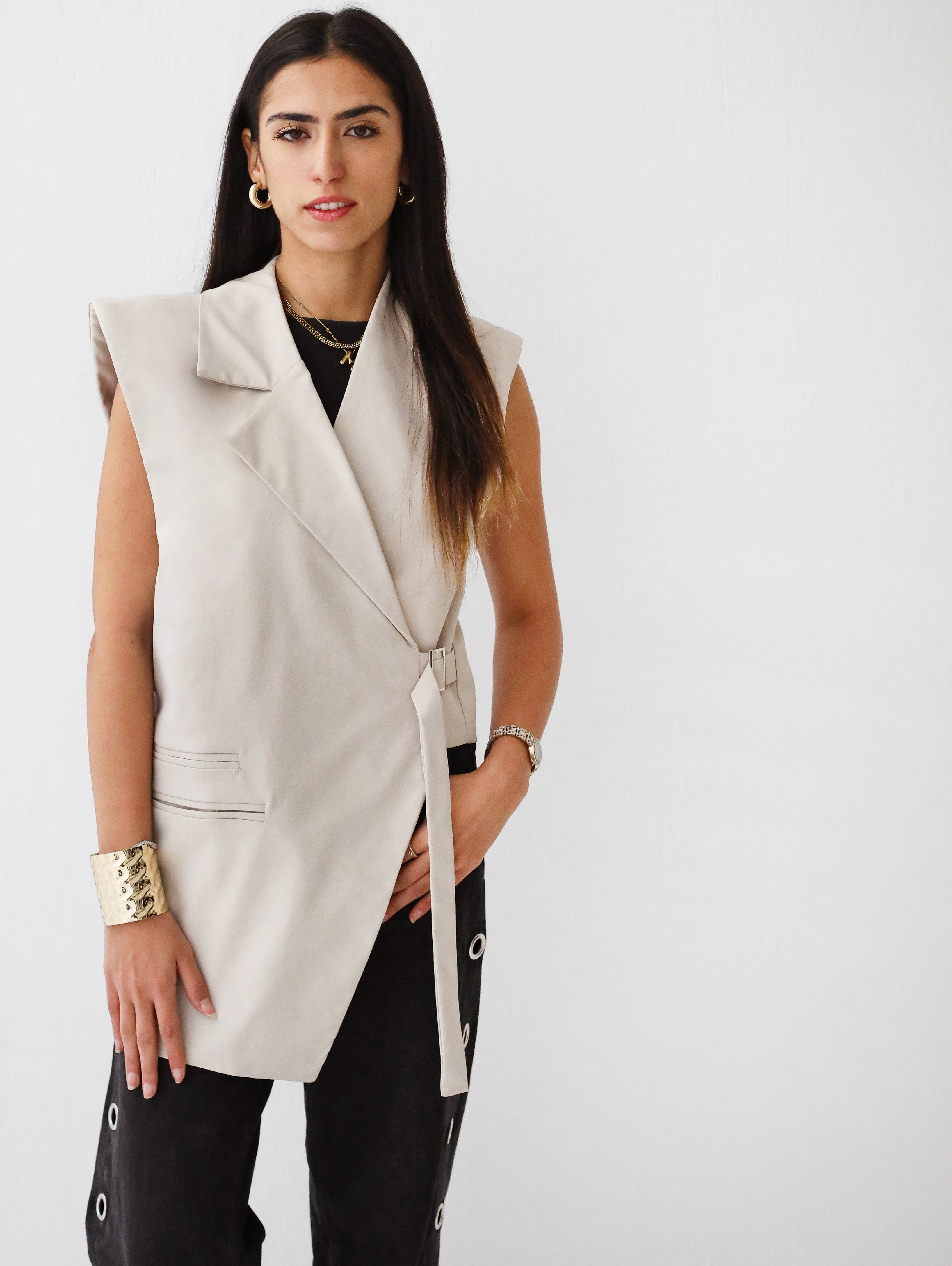 Gabardine Waterproof Vest with Contrast Side Panels Beige