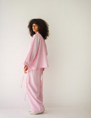 Linen-blend cardigan with bow PINK