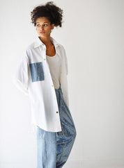 Denim-Blend Striped Shirt with Contrast Pockets WHITE
