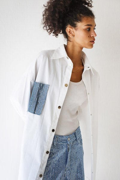 Denim-Blend Striped Shirt with Contrast Pockets WHITE