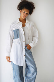Denim-Blend Striped Shirt with Contrast Pockets WHITE