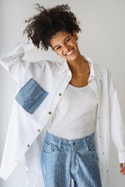Denim-Blend Striped Shirt with Contrast Pockets WHITE