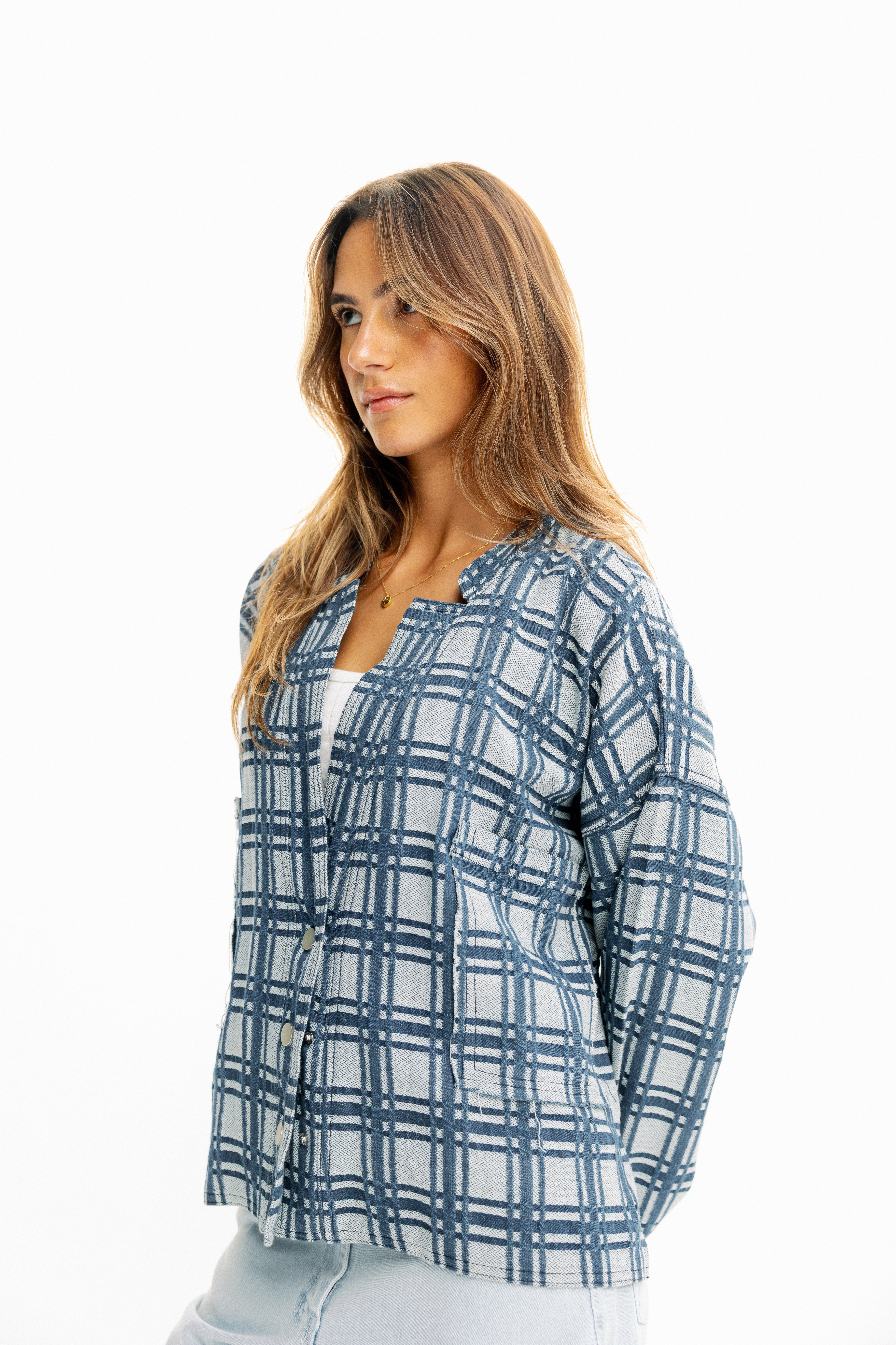 Blue Plaid Button-Up Jacket
