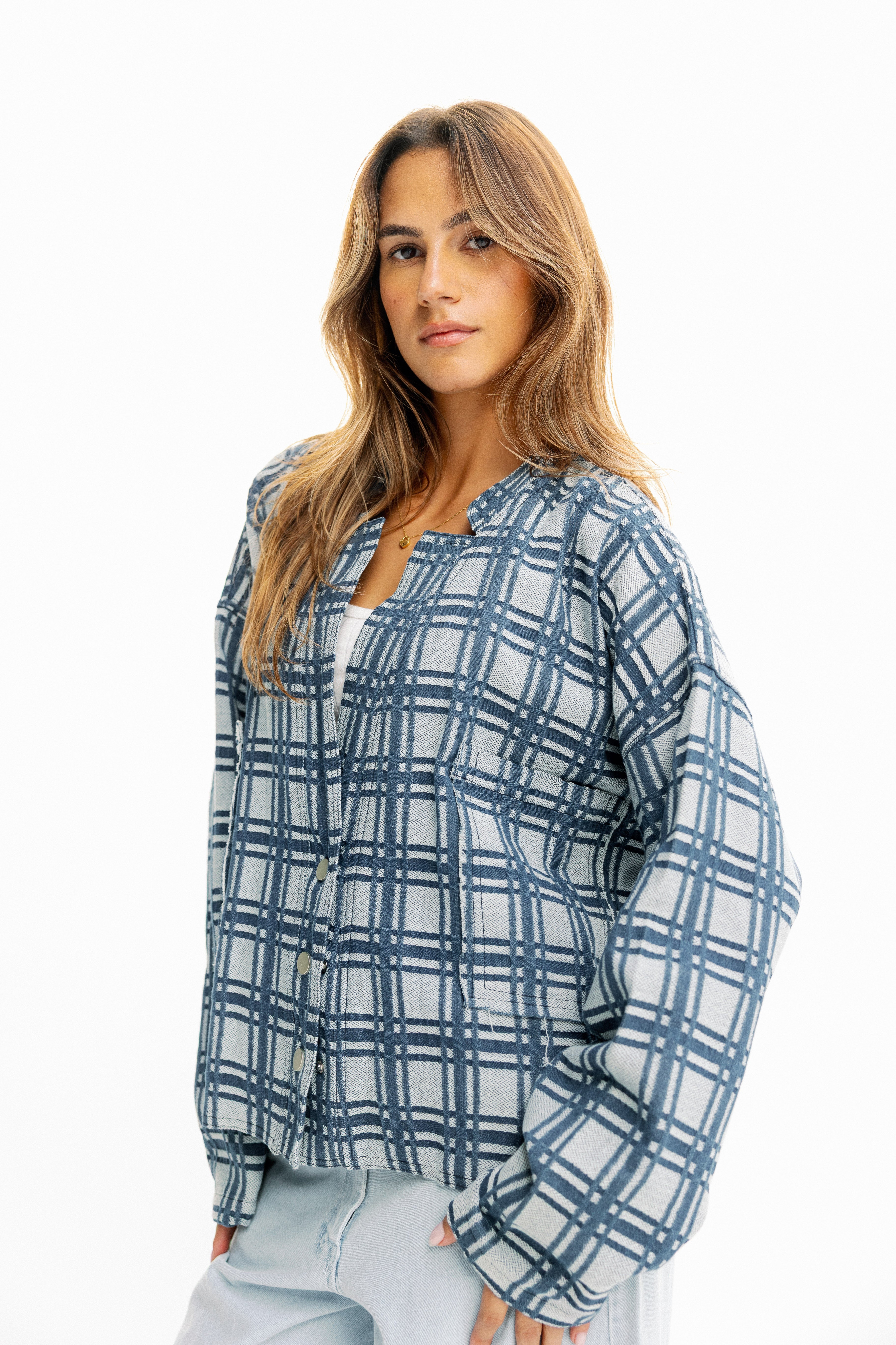 Blue Plaid Button-Up Jacket