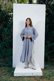 Crinkle Linen Long Shirt - Gray