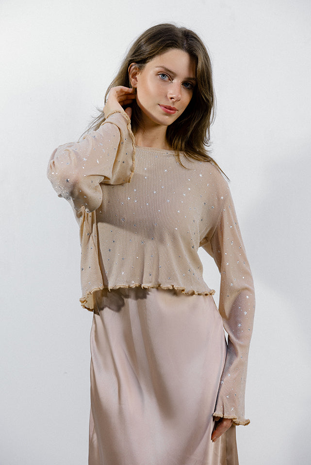 Sparkle Sheer Cropped Top - Beige